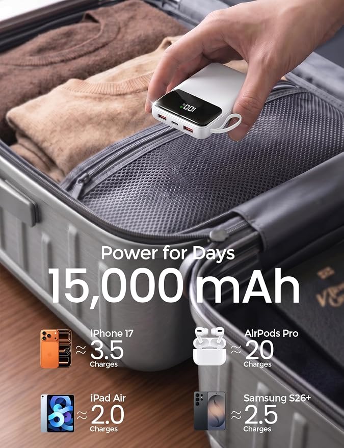 HELLEE Power Bank, 15000mAh Portable Charger with Built in Cable, 22.5W Fast Charging, 6 Outputs, Slim Travel Essential Battery Pack with LED Display, Compatible with iPhone 17/16/15/14/13, iPad White