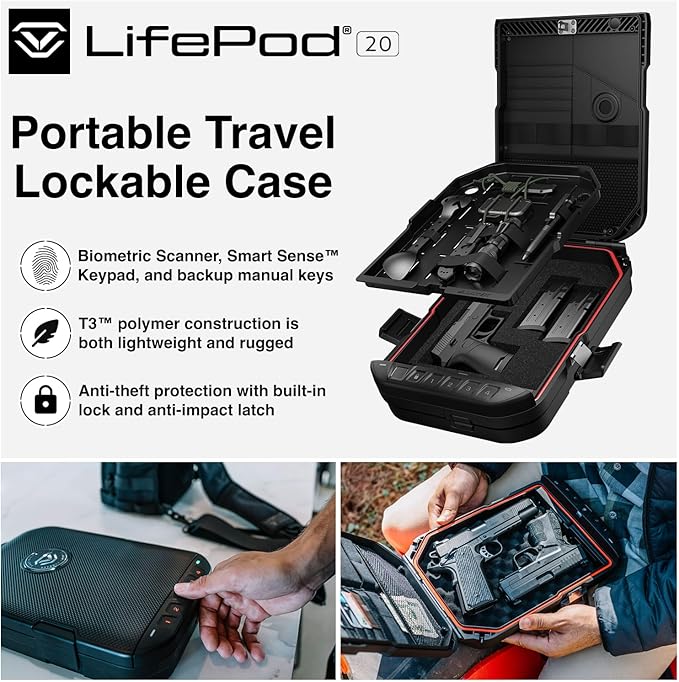 VAULTEK LifePod 20 Full-Size Biometric Lockable Weatherproof Case with Built-in Lock, Steel Security Cable, & TSA Handgun Case or Car Safe, Portable Travel Pistol Safe/Covert Black/Biometric