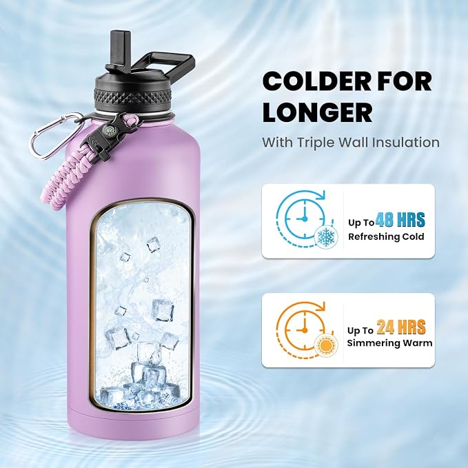 RAYMYLO Insulated Water Bottle 87 oz, Triple Wall Vacuum Stainless Steel (Cold for 48 Hrs), Leak Proof & Non-BPA, Modern Water Flask Jug with Paracord Handle & Straw Spout Lids, Light Purple