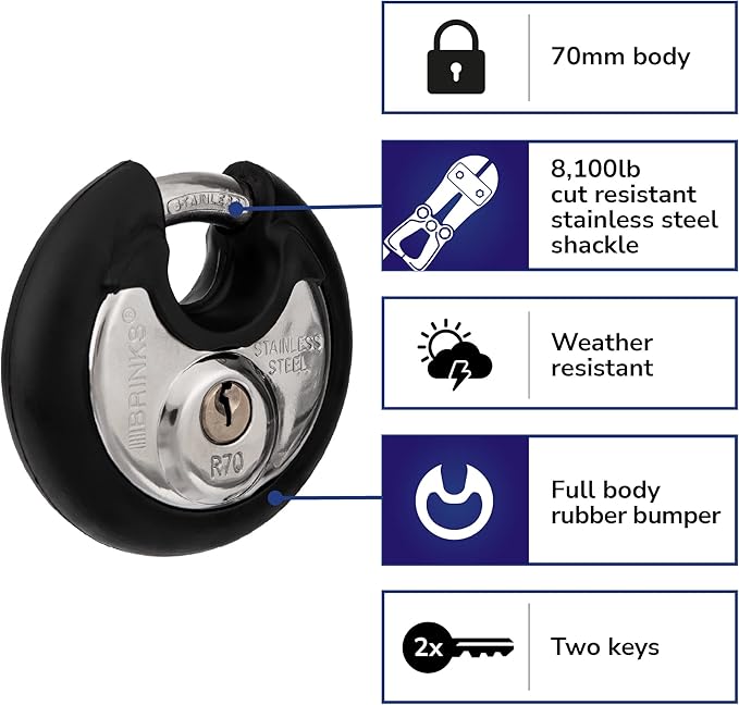 BRINKS Heavy Duty Padlock with Key - 70mm Discus-Shaped Keyed Lock for Storage Shed, Garage, Storage Lockers, Sliding Doors, Tool Box, and Cabinets, 4 Pack