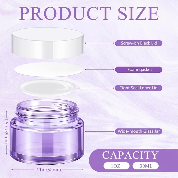 Domensi 60 Pcs 1oz Glass Jars with Lids Bulk Small Glass Salve Tins Cream Container Cosmetic Jars for Travel Balm with Inner Liners for Sample Cream (Light Purple,White Lids,Plastic Lid)