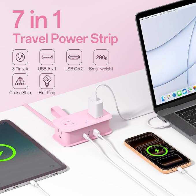 Travel Power Strip, SMALLRT 2 Pcs Extension Cord with Multiple Outlets, 3.3FT Wrapped Extension Flat Plug Power Strip with 4 AC Outlets for Travel, Hotel, Cruise Approved, No Surge Protection, Pink