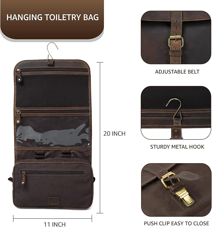 LEATHER VILLAGE Hanging Genuine Leather Toiletry Bag for Men & Women with Waterproof Lining – Handcrafted Vintage Travel Dopp Kit, Shaving Organizer & Shower Bathroom Essentials Case - Brown