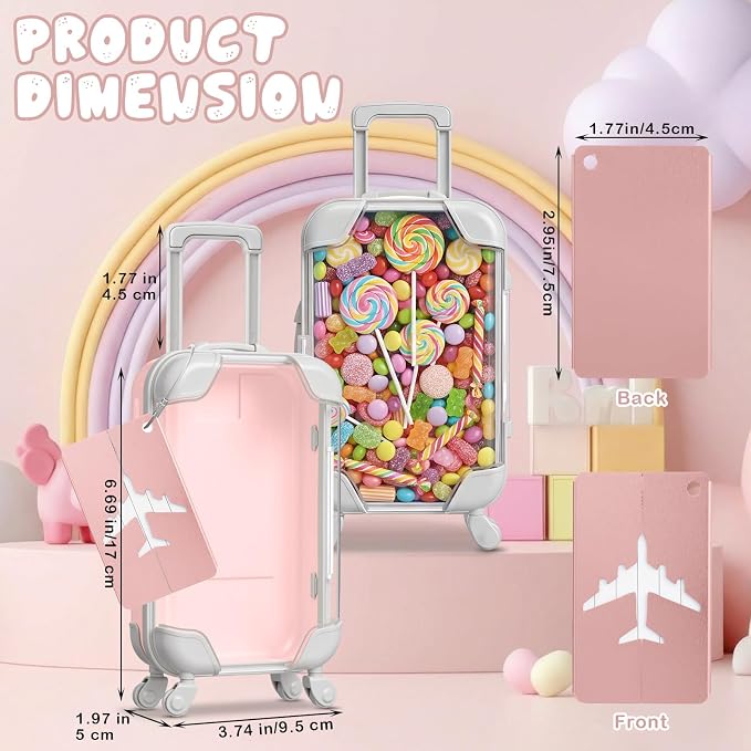 Teecyhooo 12 Pcs Mini Suitcase Party Favor Boxes and 12 Pcs Metal Luggage Tags with Card, Clear Mini Luggage Gift Boxes for Girls Wedding Travel Birthdays Bachelorette (6.69 x 3.74 x 1.97 Inch,Pink)