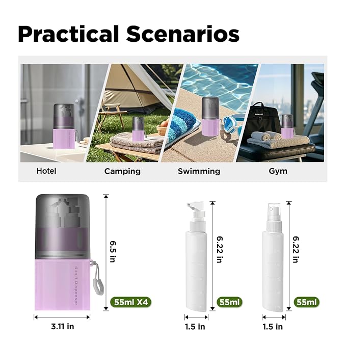 YOTIME 4 in 1 Travel Dispenser Bottle, Vacuum Silicone Suction Cup for Smooth Walls, TSA Approved Leak Proof Travel Size Containers for Hotel, Swimming, Gym, Camping, Pink