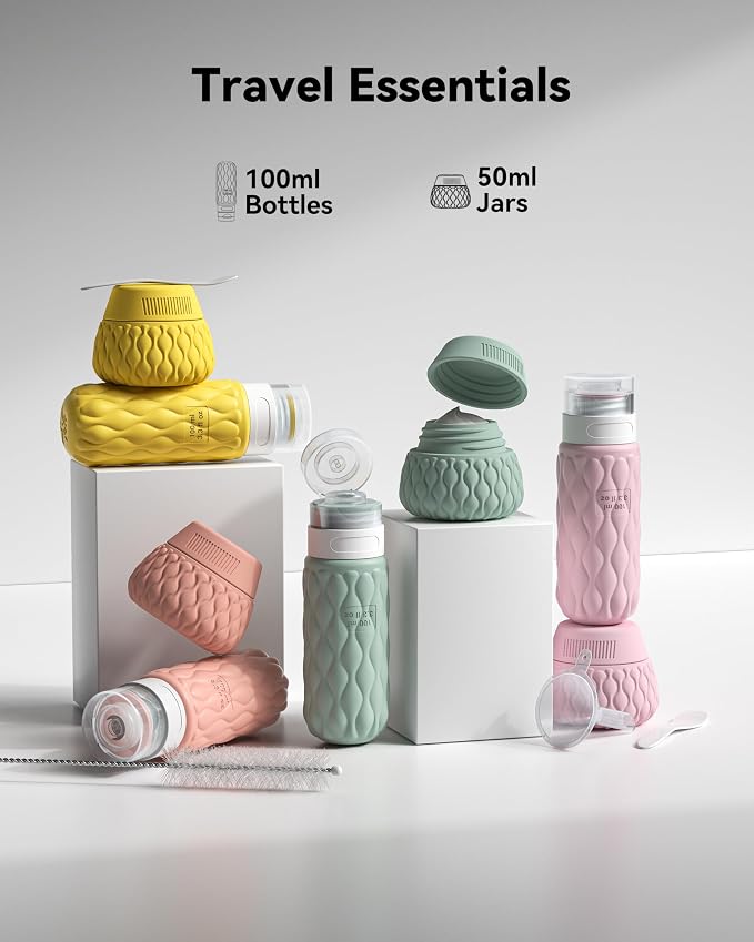 Silicone Travel Bottles for Toiletries 8 Pack Travel Size Toiletries 3.4 oz 1.7 oz, Leakproof Squeeze Travel Size Containers Refillable Cosmetic Jars Set for Shampoo, Conditioner, Creams