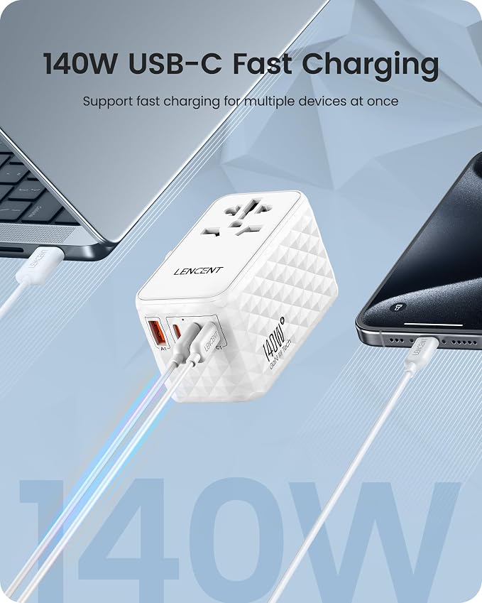 LENCENT 140W International Travel Adapter, GaN Universal Travel Adapter with 1 USB-A & 3 Type C Power Converter, Fast Charger for Phone,Laptops, Worldwide Plug Outlet for USA/UK/EU/AUS, White