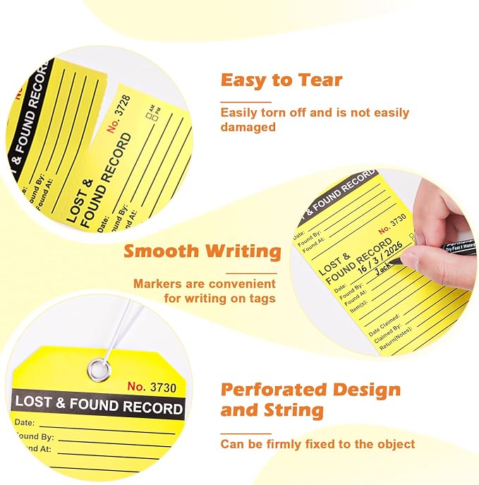 100 Pcs Lost and Found Tags with String & Marker Fluorescent Yellow Lost & Found Record Tags 5 1/4" x 2 5/8" Hotel Luggage Tags Lost and Found Labels Property Tag for Hotel Restaurants Luggage Storage
