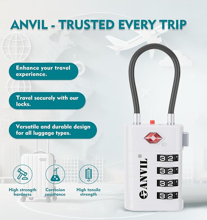 ANVIL TSA Approved Luggage Locks with Search Alert Indicator, 4-Digit Combination Suitcase Lock, Advanced TSA008 Core Heavy Duty Anti-Theft Travel Lock for Double Zippers, Backpacks