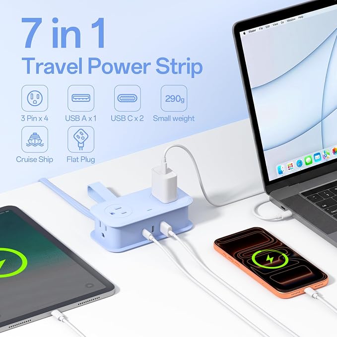 Travel Power Strip, SMALLRT Extension Cord with Multiple Outlets, 6.5FT Wrapped Extension Flat Plug Power Strip with 4 AC Outlets for Travel, Hotel, Cruise Approved, No Surge Protection, Blue