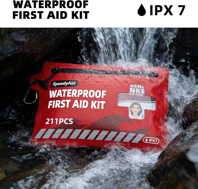 211 PCS Waterproof First Aid Kit, IPX7 Rated Dry Bag with Airtight Zipper, Portable Emergency Medical Supplies for Hiking, Boating, Swimming, Camping & Outdoor Activities