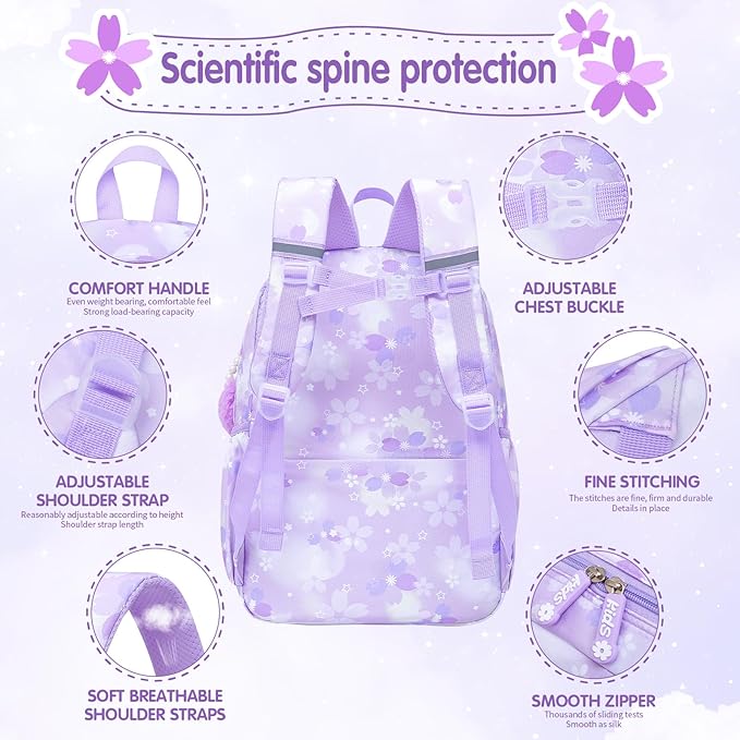 Lovely Girls Backpack School Bag for Students Kids Book Bag with Multiple Pockets Splash-proof Children's Backpack（17inch Set Purple）