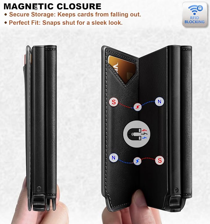 BULLIANT Men Wallet Leather Wallet Card Holders Money Clip for Men 10Cards-Magnetic Flip on Metal Case