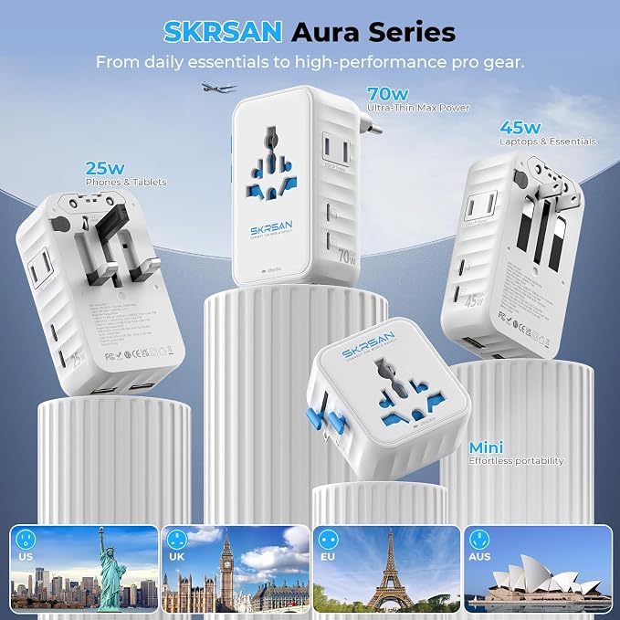 Aura 70W International Travel Adapter, 36mm Ultra-Slim 6-in-1 Universal Wall Charger, PD & QC 3.0 Fast Charging Essentials for Laptop, Phone, UK Europe USA Australia (Arctic White)
