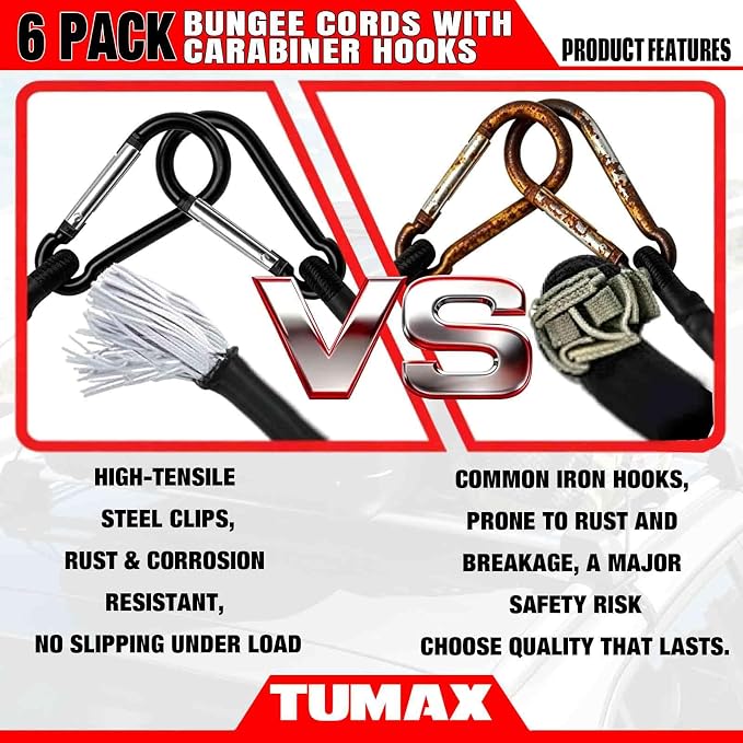 Bungee Cords with Carabiner Hooks, 6 Pack Heavy Duty Long Carabiner Rubber Bungee Cord Assorted Size 24" 40" 60", for Camping, Tarps, Bike Rack, Car, Included A Drawstring Bag