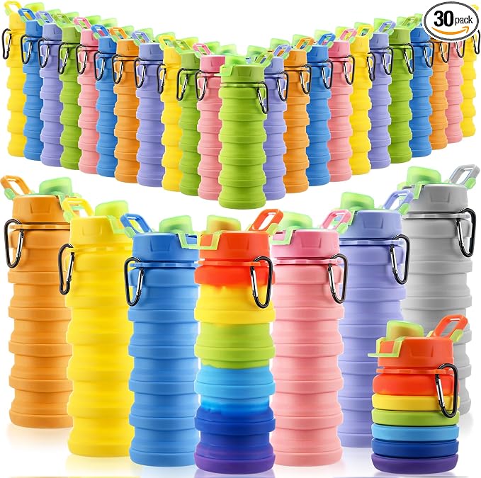 Sunnyray 30 Pack Collapsible Water Bottles Bulk Foldable Water Bottles 17oz Silicone Portable Leak Proof Reusable Sports with Clip for Travel Hiking Camping Outdoor (Colorful)