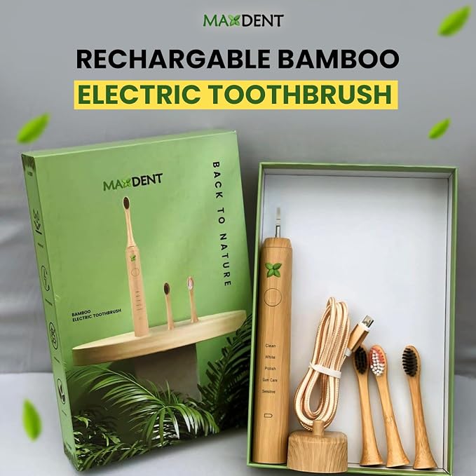 Rechargeable Bamboo Electric Tooth Brush, Brush with 3 Replacement Heads and Storage Case, Portable Oral Care, Durable Electric Design with Travel-Friendly Protective Holder