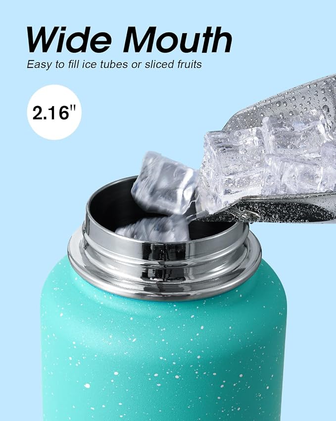 Coolflask Water Bottle 40 oz Insulated with Straw, Stainless Steel Metal 3 Lids Water Flask for Sports or Office, Keep Cold 48H Hot 24H, Glacier Blue