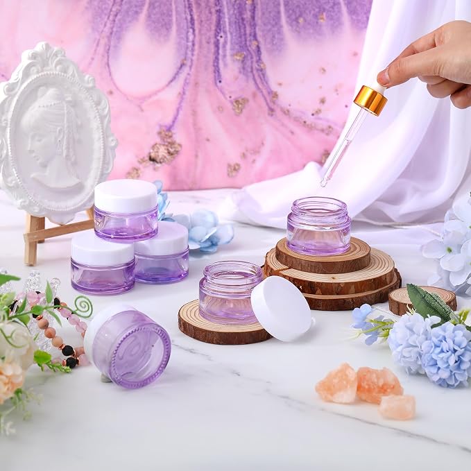 Domensi 60 Pcs 1oz Glass Jars with Lids Bulk Small Glass Salve Tins Cream Container Cosmetic Jars for Travel Balm with Inner Liners for Sample Cream (Light Purple,White Lids,Plastic Lid)