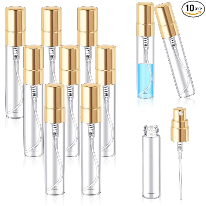 Zhehao 10 Pcs Mini Spray Bottles 5 ml Clear Glass Perfume Bottles Refillable Fine Mist Perfume Atomizer Portable Empty Sample Containers for Cleaning, Essential Oils, Travel (Gold Cap)
