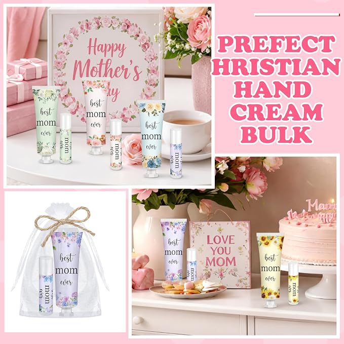 12 Sets Best Mom Ever Church Gifts Bulk for Women Birthday Gifts for Mom Hand Cream and Lip Balm Set with Organza Bag Thank You Card Mother Gift Bag Stuffers
