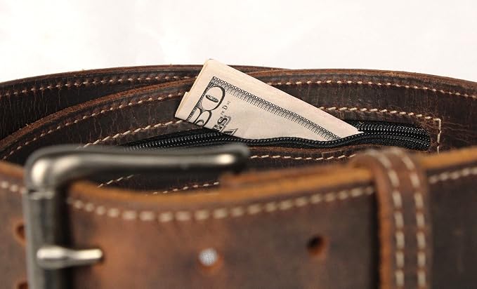 Money Belt, 1-3/4" Double Prong, Zipper Pocket, Travel Security, Full Leather, Made in USA