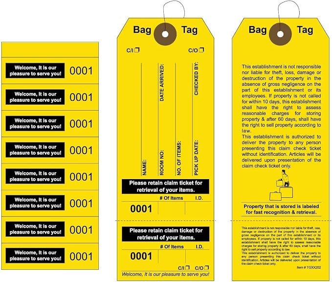 1000 Yellow Bag Claim Check Tags with Elastic String, Printed in Black Ink with 8 Labels & Matching Numbers for Multiple Bags. Hotel Bag Tags for Organizing Luggage. Size: 6 3/4" (H) x2 1/2" (W).