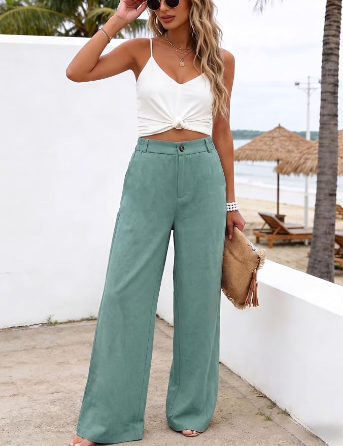 Hooever Womens Cotton Linen Pants Casual Button Up High Waisted Wide Leg Trousers