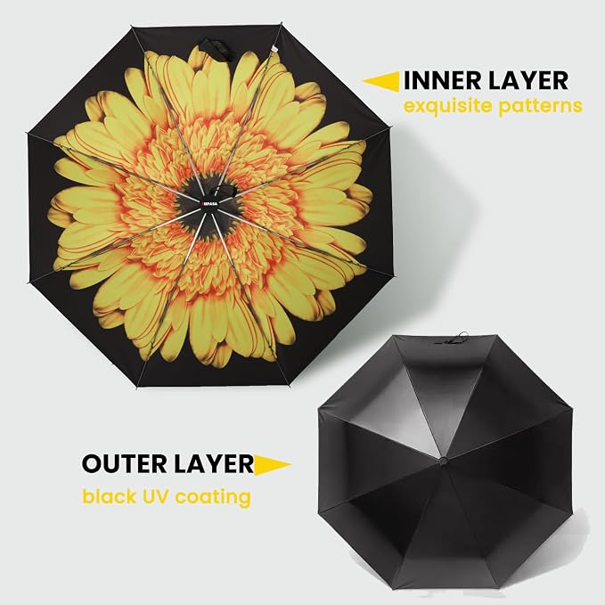 SIEPASA Compact Travel Umbrella - Windproof Auto Open/Close, Small Folding Umbrella for Rain & Sun with UPF50+ - Lightweight Frame, Waterproof - Fits Backpack, Purse, Suitcase.(Sunflower