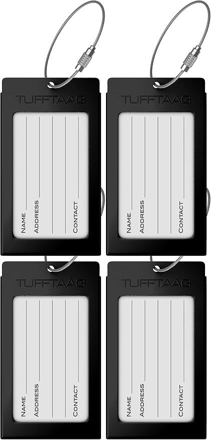 Luggage Tags Business Card Holder by TUFFTAAG - Durable Travel ID Bag Tag, SS-Black, 4 Pack