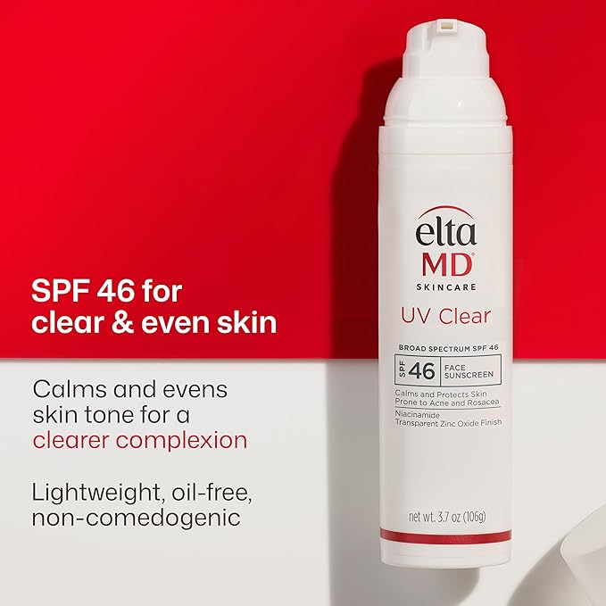 EltaMD UV Clear Face Sunscreen SPF 46, Oil Free Sunscreen with Zinc Oxide, Dermatologist Recommended, For Acne-Prone Sensitive Skin, 3.7 oz