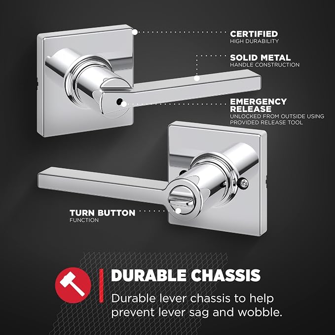 Kwikset Casey Interior Privacy Door Handle with Lock, Door Lever for Bathroom and Bedroom, Polished Chrome Reversible Keyless Turn Lock (Pack of 2)