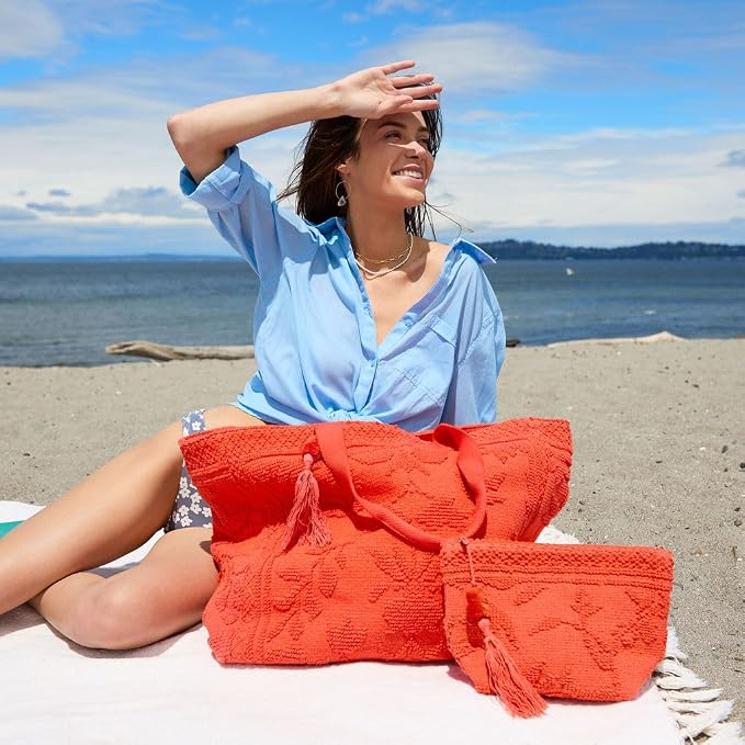 Lu & Elle Cabana Pouch, Travel Essentials Bag, Cotton Loop Fabric with Waterproof Plastic Lining, Zipper Closure with Tassel, 12" W x 7.75" H x 4.75" D