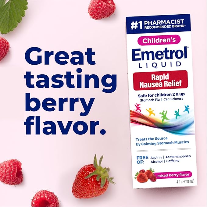 Emetrol Children's Non-Drowsy Nausea Relief - Liquid Nausea Medicine for Upset Stomach - Nausea Relief for Kids - Mixed Berry Flavor - 4fl oz