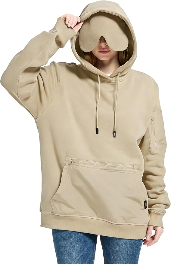 Travel Hoodie with Built-In Eye Mask for Airplane Travel Breathable Comfort Pullover Sweatshirt Multiple Pockets