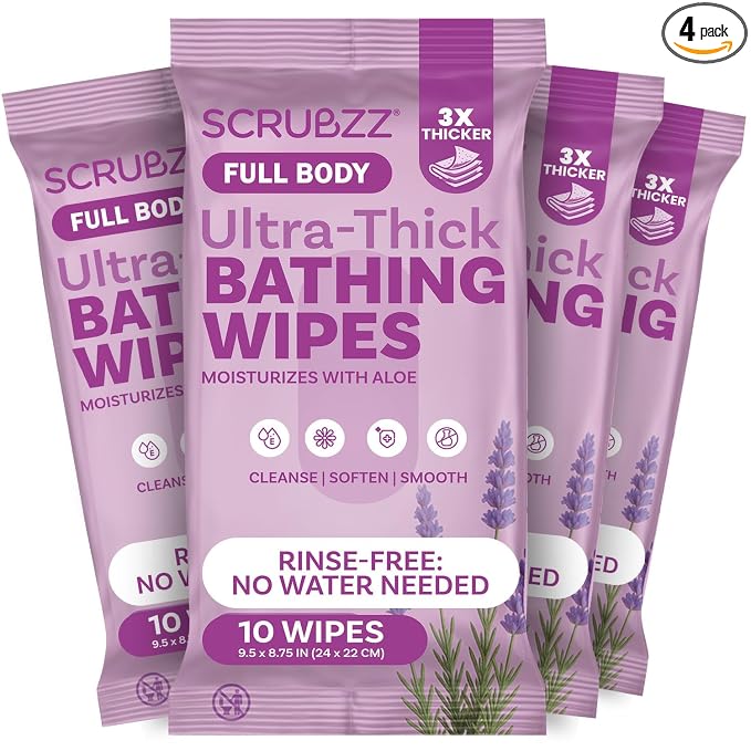 Extra Large Bath Wipes for Adults Bathing No Rinse - 40 Ultra Thick Disposable Body Cleansing Wipes for Men, Women & Elderly - Great for Gym, Camping, Post Surgery - Lavender