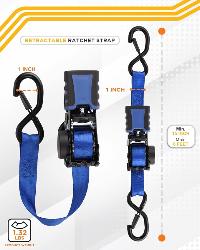 Strapinno 4 Pack Auto Retractable Ratchet Straps Bundle -1 in x 6 ft, 1500 LBS Break Strength Each, Heavy Duty Tie Down Straps for Cargo Securing, Weather Resistant Safety S-Hooks, Blue Strap