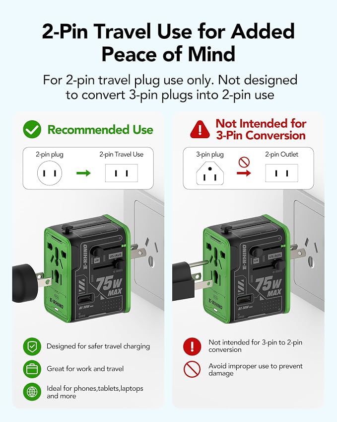Mfish 75W Universal Travel Adapter with Retractable USB-C Cable, 3 USB-C & 1 USB-A, 1 AC Outlet, International Wall Charger for MacBook, iPhone, iPad, EU/UK/US/AUS, Type A/I/G/C, Black
