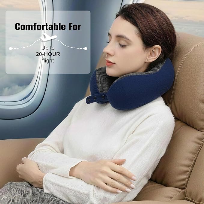 Cirorld Neck Pillow for Traveling, Travel Pillows for Airplanes,100% Pure Memory Foam Travel Neck Pillow, Adjustable Flight Pillow, Portable Plane Accessories with Eye Mask, Earplugs, Carry Bag