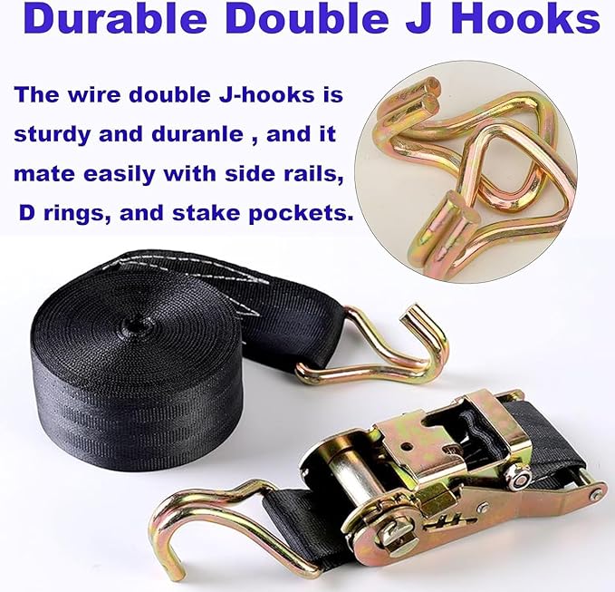 2 Pack Ratchet Straps Heavy Duty, 10000 LBS Break Strength Ratchet Strap Tie Down, 2” x 49ft Black Tie-Down Ratcheting Cargo Truck Straps with Durable Double J Hook for for Truck