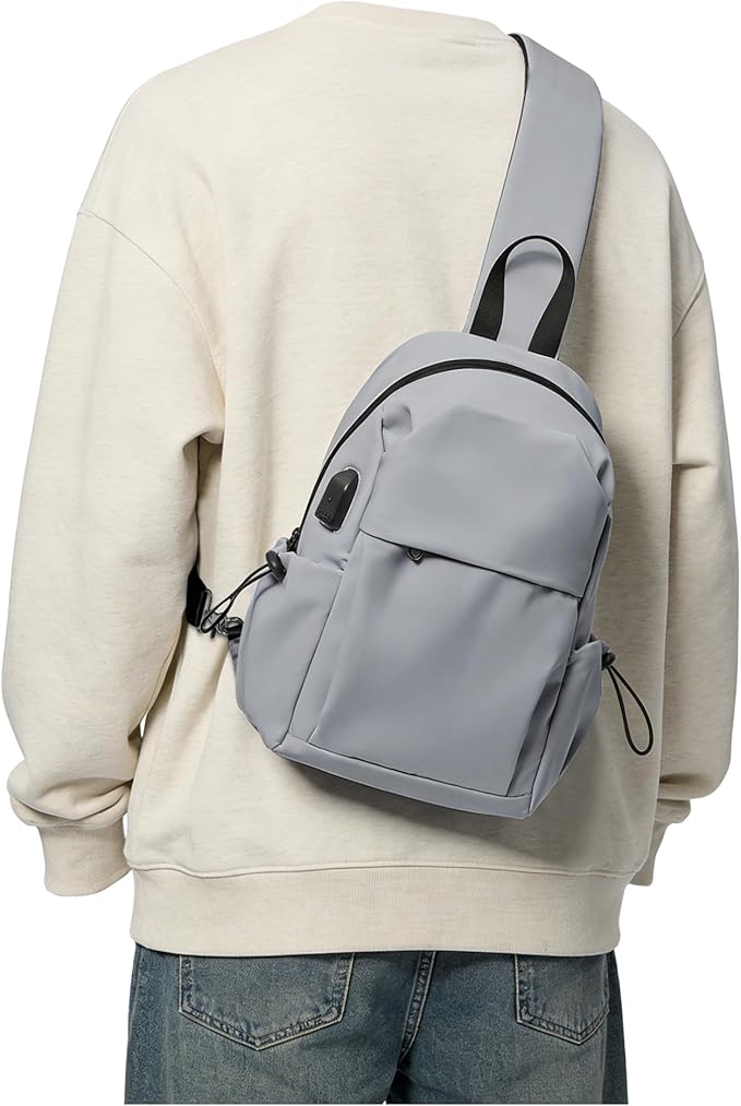 SEAFEW Small Sling Crossbody Backpack for Men Women, Lightweight Shoulder Chest Bag One Strap Back Pack for Hiking Walking Biking Travel Cycling USB Charger Port-Nylon, Grey