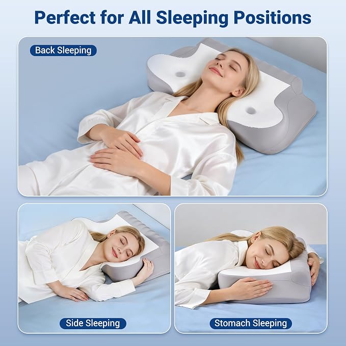 Cervical Pillow for Neck Pain Relief, Ergonomic Contour Memory Foam Neck Support Pillow with Ear Pressure Relief and Dual Height Design