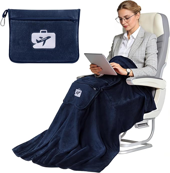 SINLAND Travel Pillow and Blanket 2-in-1 Set,Airplane Packable Bag,Soft and Lightweight Plane Flight Car Trips Travel Essentials Gift,Hand Luggage Sleeve and Backpack Clip,60x51 Inch NavyBlue