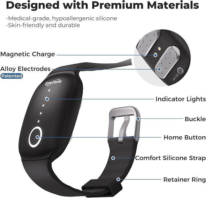 EmeTerm Fashion FDA Cleared Relieve Nausea Electrode Stimulator Morning Sickness Motion Travel Sickness Vomit Relief Rechargeable No Gel Drug Free Wrist Bands Without Side Effects