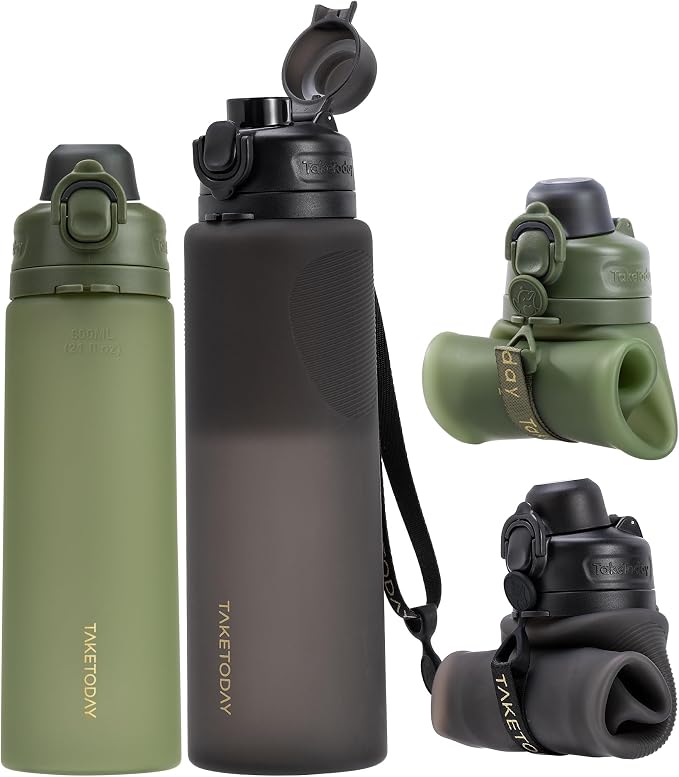 TakeToday Newly Upgraded Collapsible Water Bottles 32oz and 20oz, Compact Foldable Travel Bottle, TSA-Approved Leakproof Silicone Water Bottle for Hiking, Travel, Outdoors