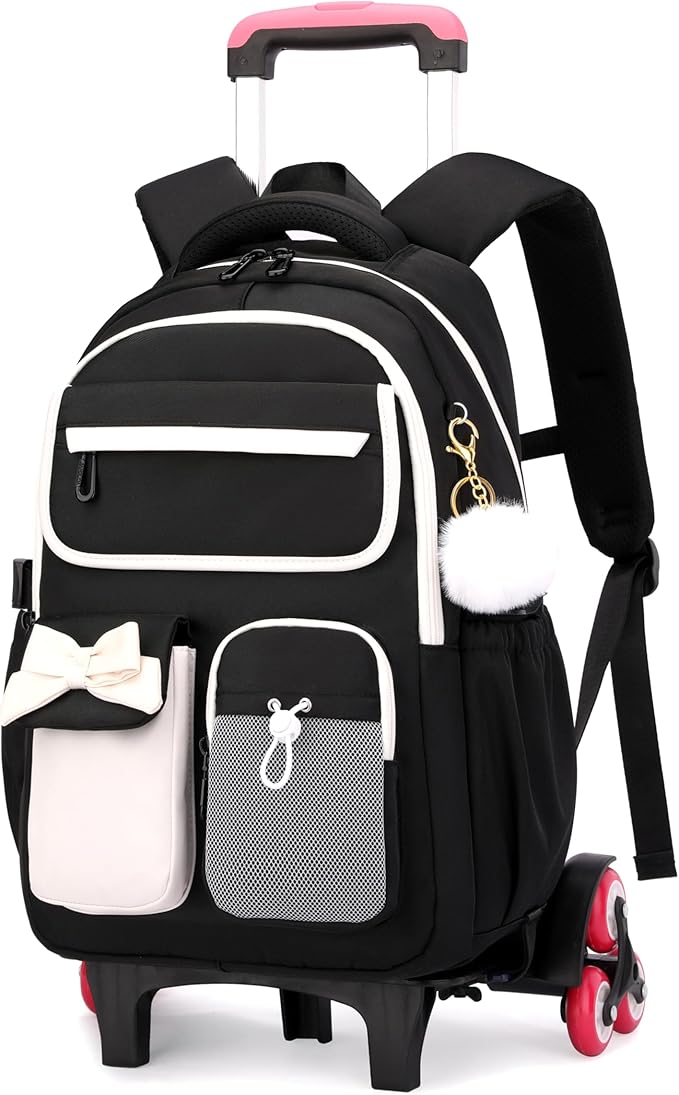 Black Rolling Backpack for Girls Kids Trolley Rolling School Bag Wheeled Backpack for Elementary School Roller Bookbags on 6 Wheels, Black