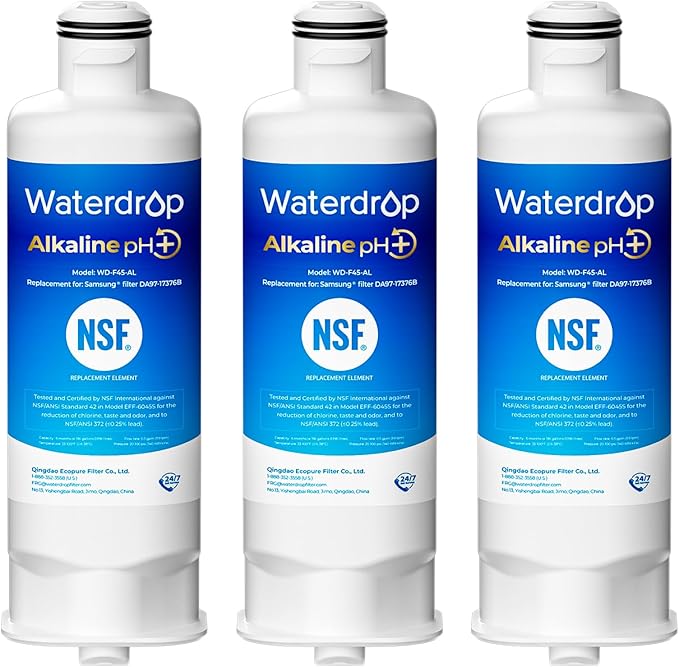 Waterdrop Alkaline WD-F45-AL Refrigerator Water Filter, Enhances pH, Replacement for Samsung® DA97-17376B, HAF-QIN/EXP, DA97-08006C, RF28R7201SR, RF28R7351SG, 3 Pack