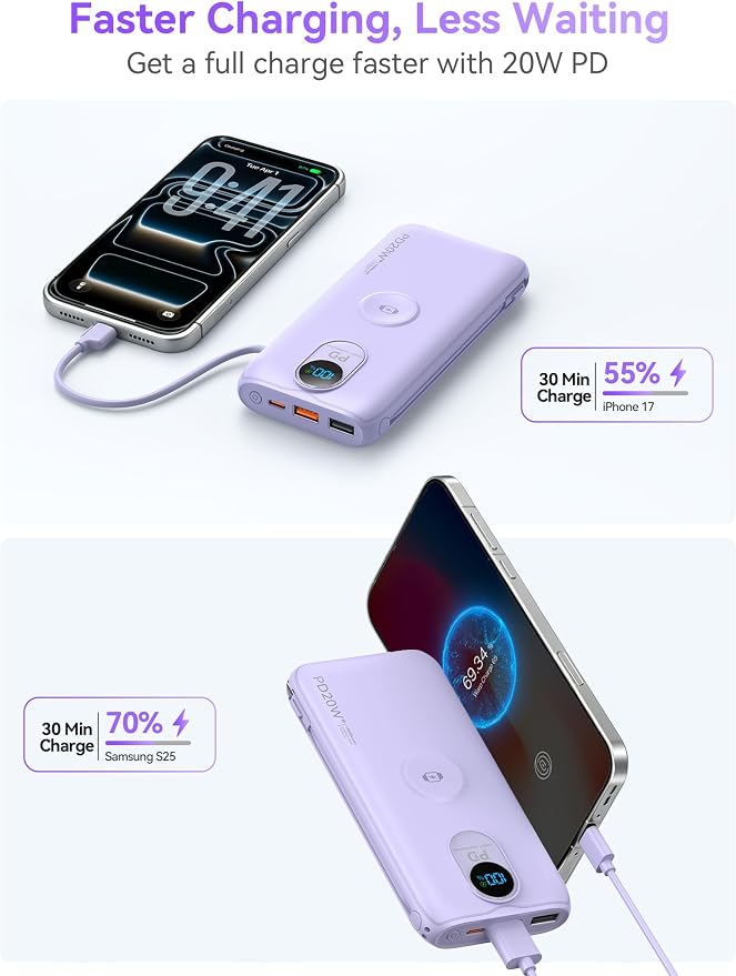 Portable Charger, 10000mAh 20W Fast Charging Power Bank with Built in Cables & AC Wall Plug & LED Display, Travel Essentials Battery Pack Powerbank for iPhone, iPad, iWatch, Samsung, Purple