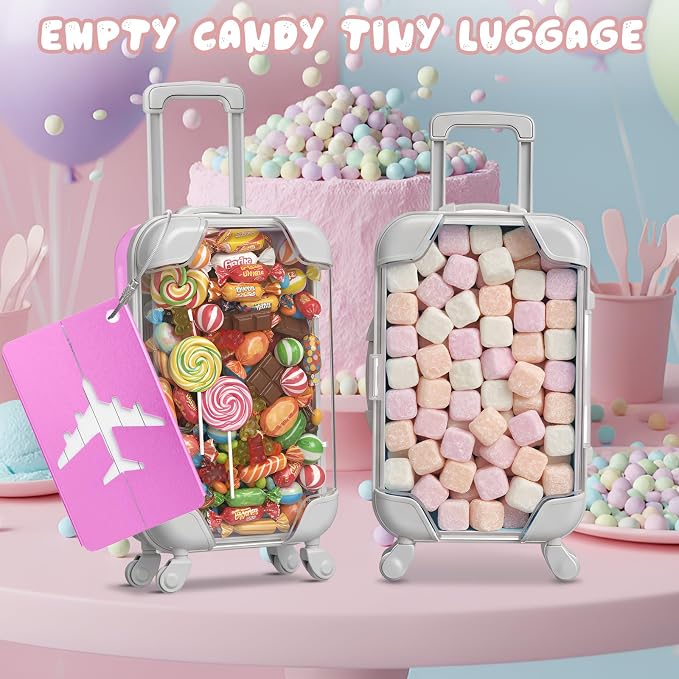 Teecyhooo 20 Pcs Mini Suitcase Party Favor Boxes and 20 Pcs Metal Luggage Tags with Card, Clear Mini Luggage Gift Boxes for Girls Wedding Travel Birthdays (6.5 x 2.8 x 1.4 Inch,Pink,Rose Red)