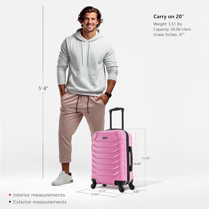 InUSA ENDURANCE Luggage with Spinner Wheels | Durable Lightweight Hardshell Suitcase, Spacious Travel Bag with Handle and Trolley | 20-Inch Carry On Small Luggage | Pink